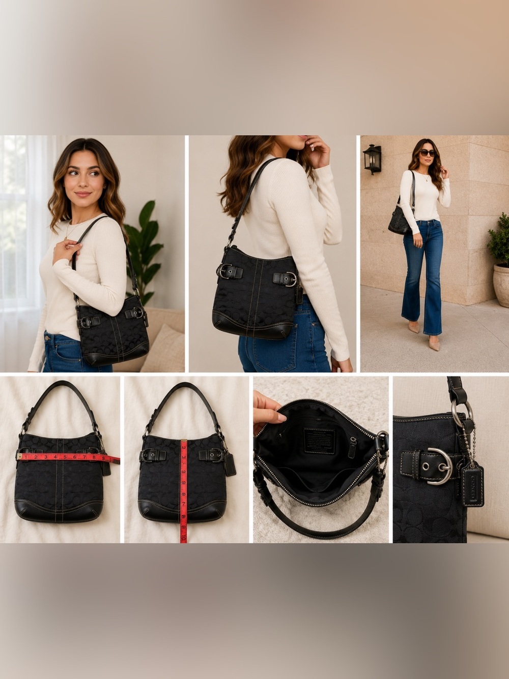 Coach Hobo Signature Jacquard Black Shoulder Bag Leather Trim Buckle Purse